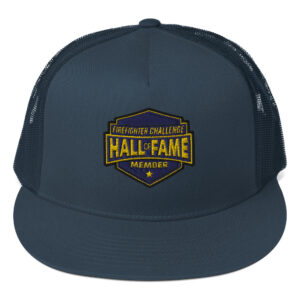 A navy trucker hat featuring the Firefighter Challenge Hall of Fame Member logo embroidered in gold on the front, representing membership in the Hall of Fame.