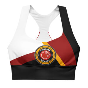 A sports bra featuring the Firefighter Challenge Lion’s Den Member logo, designed in red, black, and yellow, representing elite status in the firefighting competition.