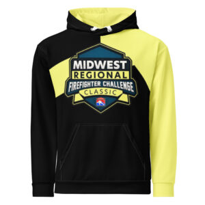 A hoodie featuring the Midwest Regional Firefighter Challenge Classic logo in bold black and yellow, symbolizing the Midwest region's participation in the Firefighter Challenge Championship.