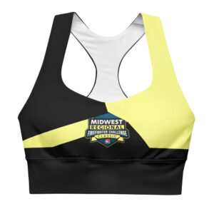 A blue and white sports bra featuring the Firefighter Challenge Championship Series logo on the front, designed for performance and support.