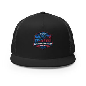 A black trucker hat featuring the Firefighter Challenge Championship Series logo embroidered on the front, designed for the firefighting competition.