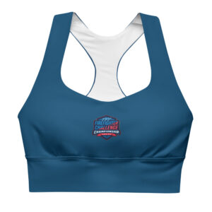 A navy sports bra featuring the Firefighter Challenge Championship Series logo on the front, designed for performance and support during intense workouts.