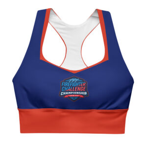 A blue and white sports bra featuring the Firefighter Challenge Championship Series logo on the front, designed for performance and support.