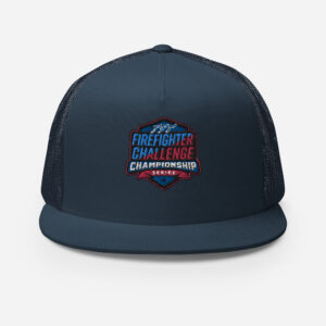 A dark navy trucker hat featuring the Firefighter Challenge Championship Series logo embroidered on the front, designed for the firefighting competition