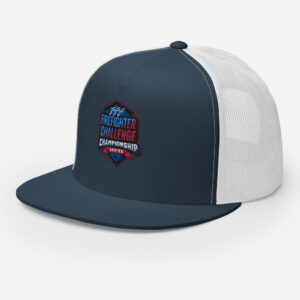 A navy and white trucker hat featuring the Firefighter Challenge Championship Series logo embroidered on the front, designed for the firefighting competition.