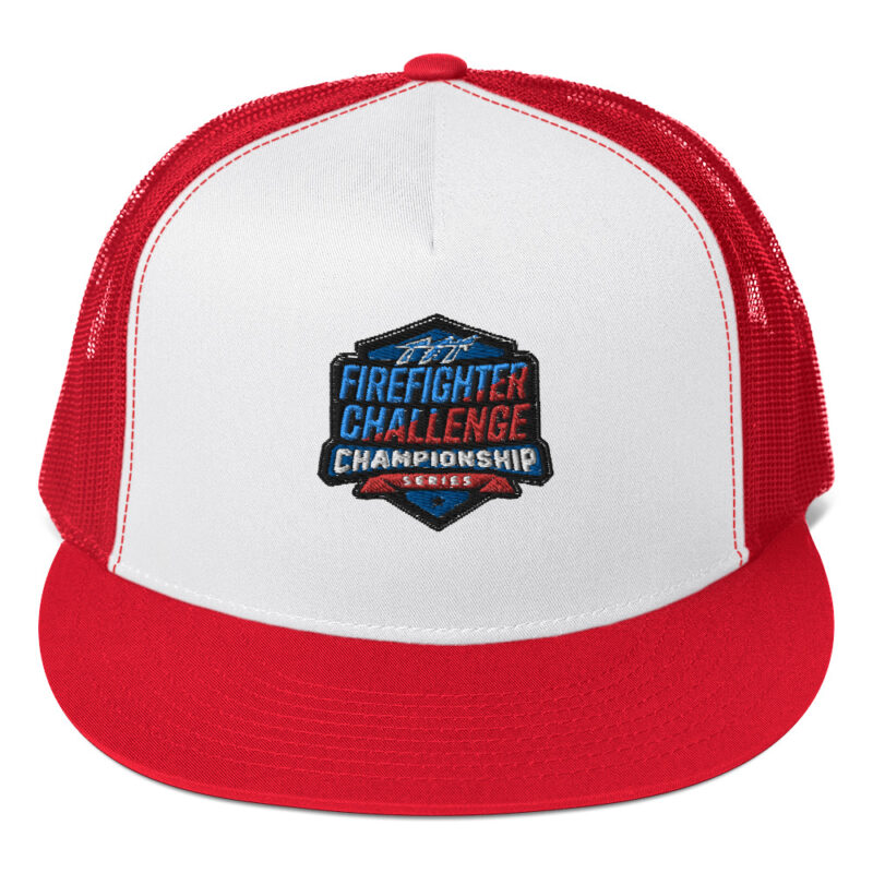 A red and white trucker hat featuring the Firefighter Challenge Championship Series logo embroidered on the front, designed for the firefighting competition.