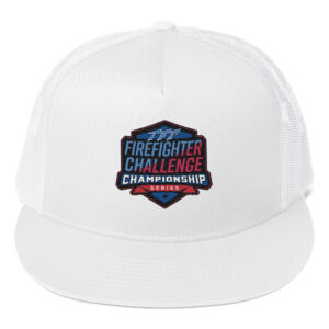 A white trucker hat featuring the Firefighter Challenge Championship Series logo embroidered on the front, designed for the firefighting competition.