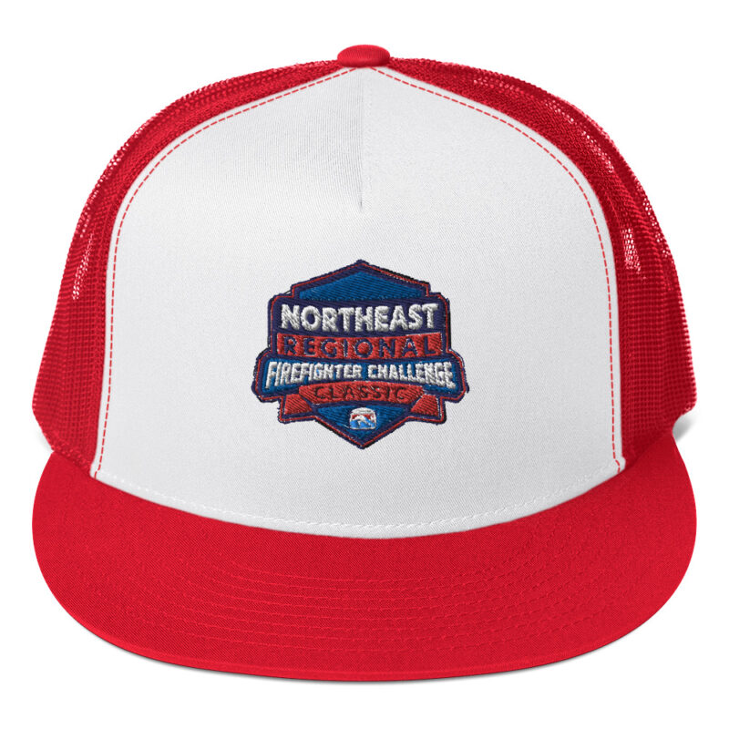 A red and white trucker hat featuring the Northeast Regional Firefighter Challenge Classic logo embroidered on the front, representing the Northeast region's participation in the Firefighter Challenge Championship.