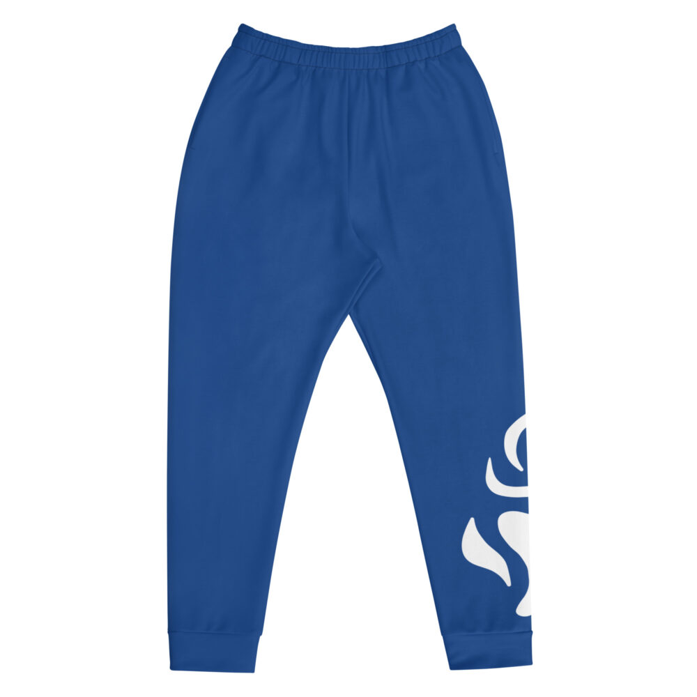 Blue joggers featuring a white flame design at the bottom of one leg. Perfect for casual wear or workouts.