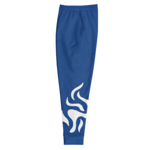 Blue joggers featuring a white flame design at the bottom of one leg. Perfect for casual wear or workouts.