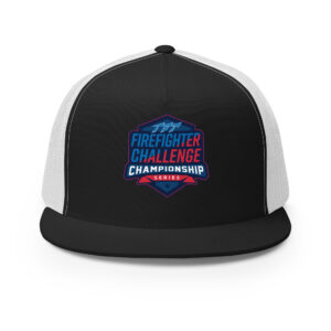 A black trucker cap with a Firefighter Challenge Championship Series logo, featuring a red, white, and blue design on the front panel.