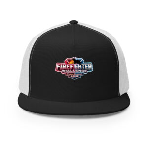 A black trucker cap featuring a Firefighter Challenge Championship Series logo with a fiery red and icy blue gradient design on the front panel.