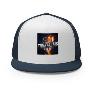 A black trucker hat featuring a Firefighter Challenge Championship Series logo with an American flag and flames design on the front panel.