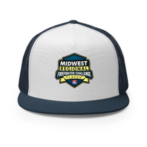 A regional Firefighter Challenge League trucker hat in a variety of colors with regional logos and a snapback closure.