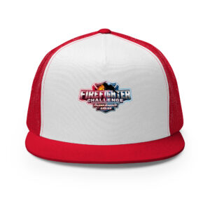 A black trucker cap featuring a Firefighter Challenge Championship Series logo with a fiery red and icy blue gradient design on the front panel.