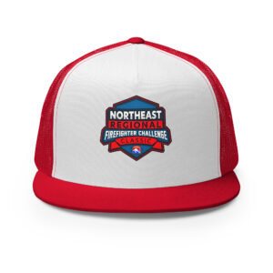 A regional Firefighter Challenge League trucker hat in a variety of colors with regional logos and a snapback closure.