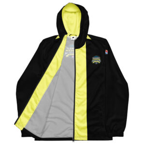 A black and yellow windbreaker jacket featuring the Midwest Regional Firefighter Challenge logo on the chest.