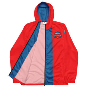 A red and blue windbreaker jacket featuring the Northeast Regional Firefighter Challenge logo on the chest