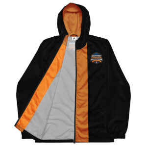 A black and orange windbreaker jacket featuring the Southwest Regional Firefighter Challenge logo on the chest.