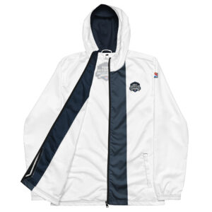 A white and navy windbreaker jacket featuring the West Regional Firefighter Challenge logo on the chest