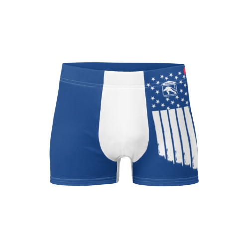 Blue Firefighter Challenge League men's boxer briefs with a patriotic flag design and bold logo on the side.