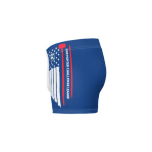 Blue Firefighter Challenge League men's boxer briefs with a patriotic flag design and bold logo on the side.