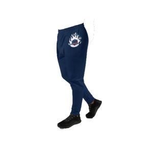 A pair of navy blue joggers with the FCCS logo and flame graphic on the upper leg, representing the Firefighter Challenge Championship Series.