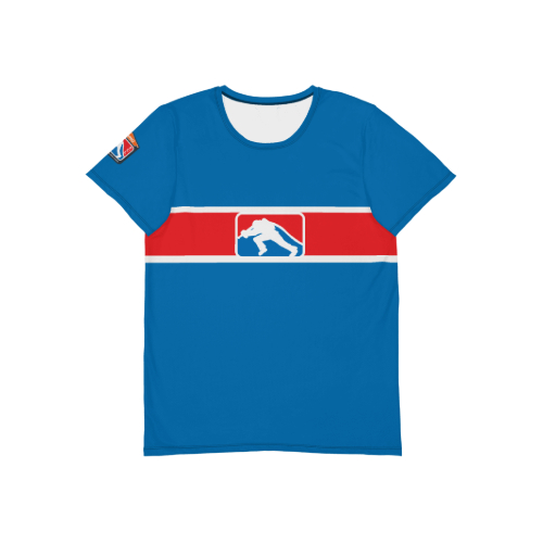 FCl T-shirt with a red stripe on the front of the tshirt main t-shirt is blue with a big FCL logo on the front