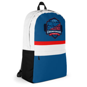 Blue backpack with a red and white stripe featuring the Firefighter Challenge Championship Series logo on the front.