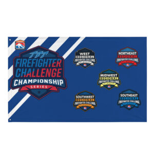 A blue flag featuring the Firefighter Challenge Championship Series logo along with the logos for the West, Northeast, Midwest, Southwest, and Southeast Regional Firefighter Challenge Classics.