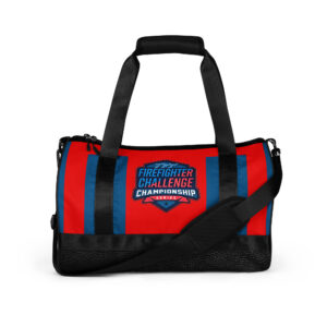 Firefighter Challenge Series red and blue duffel bag with championship logo, water-resistant material, and comfortable strap.