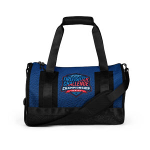 Firefighter Challenge Series duffel bag with textured blue exterior, black accents, and championship logo.