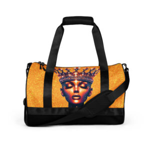 a gold and black duffle bag with a golden queen on the front