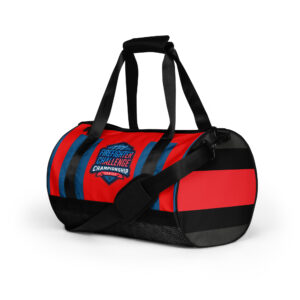 Firefighter Challenge Series red and blue duffel bag with championship logo, water-resistant material, and comfortable strap.