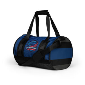 Firefighter Challenge Series duffel bag with textured blue exterior, black accents, and championship logo.