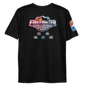 A black T-shirt with the Firefighter Challenge Championship Series logo on the front in red, blue, and white. The back shows the Flame & Ice logo and regional badges in multiple colors.