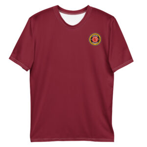 Maroon crew neck tee with Firefighter Challenge Lion's Den Member logo on the chest.