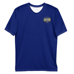 Royal blue crew neck tee with Firefighter Challenge Hall of Fame Member logo on the chest.