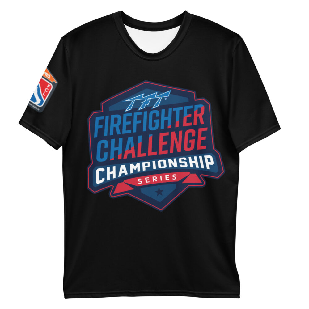 A black T-shirt with the Firefighter Challenge Championship Series logo on the front in red, blue, and white. The back shows the Flame & Ice logo and regional badges in multiple colors.