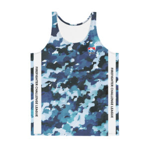 A blue camouflage tank top with white side panels displaying the text "Firefighter Challenge League" and the official FCL logo on the chest.