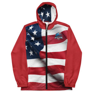 U.S. Record Holder windbreaker with American flag design and Firefighter Challenge badge on the chest.