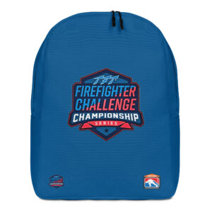 A blue backpack with the Firefighter Challenge Championship Series logo prominently displayed in the center, with small challenge badges near the bottom.