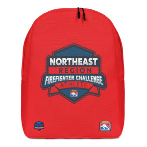 A red backpack featuring the Northeast Region Firefighter Challenge Athlete logo in the center, with smaller challenge badges at the bottom corners.