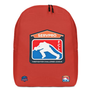 A red backpack displaying the Firefighter Challenge League (FCL) logo prominently in the center with two smaller badges at the bottom corners.