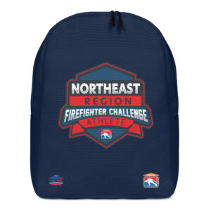 A navy-blue backpack with the Northeast Region Firefighter Challenge logo prominently displayed, featuring the words "Athlete" across the bottom. Two smaller challenge badges are located at the bottom corners.