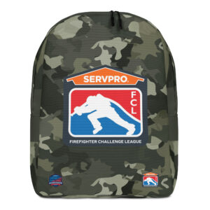 Camouflage-patterned backpack featuring the SERVPRO® Firefighter Challenge League logo in the center with a firefighter silhouette and additional FCL and Firefighter Challenge Championship logos at the bottom.