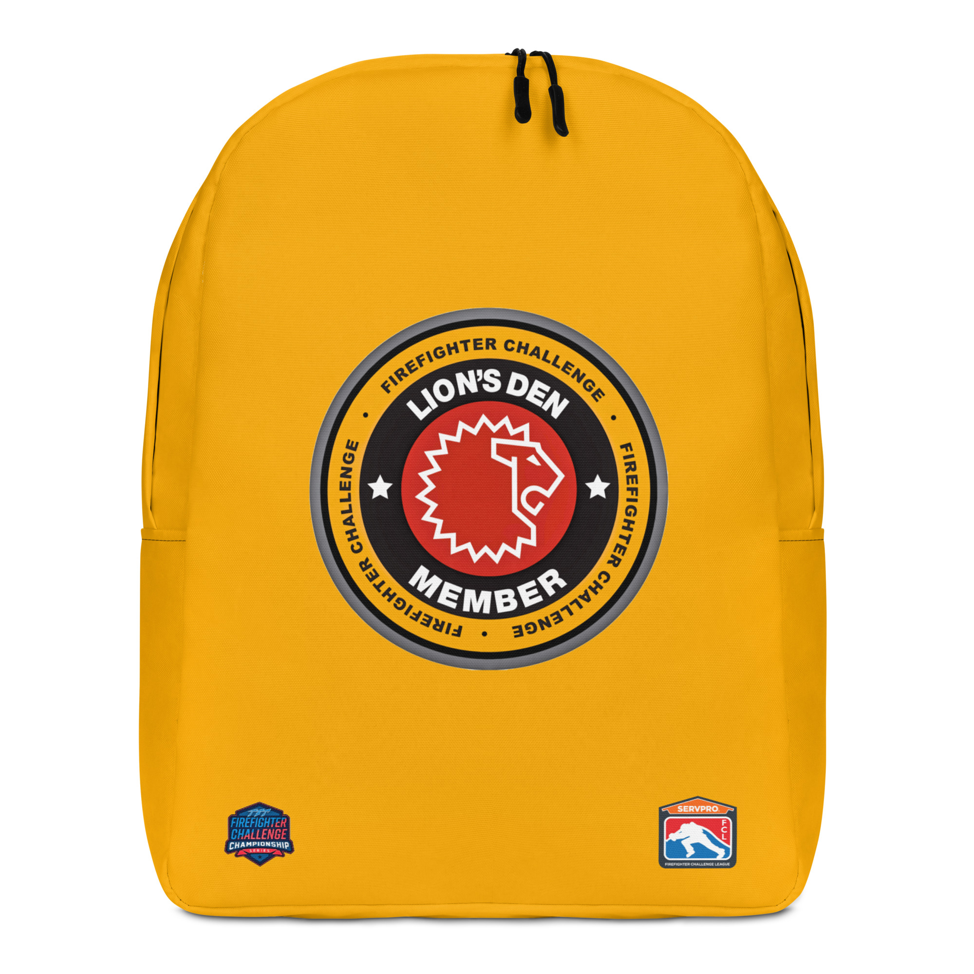 A yellow backpack featuring the Lion's Den Member emblem in the center, displaying a red lion's head and Firefighter Challenge logos near the bottom.