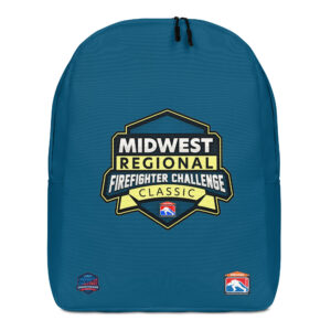 A blue backpack featuring the Midwest Regional Firefighter Challenge Classic emblem in the center, with firefighter challenge logos near the bottom.