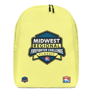 A bright yellow backpack featuring the Midwest Regional Firefighter Challenge Classic emblem in the center, with firefighter challenge logos near the bottom