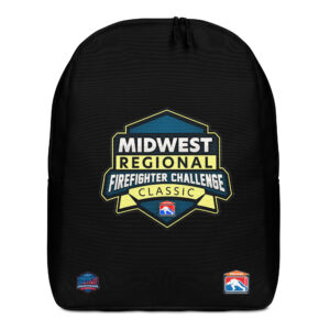 A black backpack featuring the Midwest Regional Firefighter Challenge Classic emblem, along with firefighter challenge logos near the bottom.